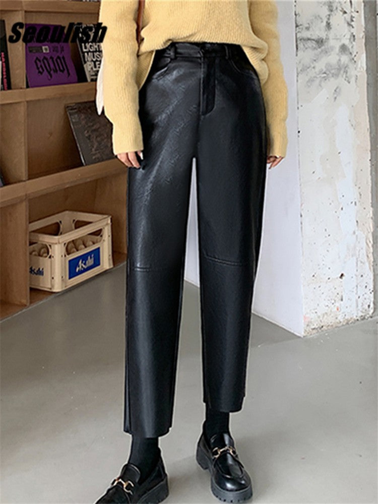 Seoulish Faux Leather Wide-Leg Pants