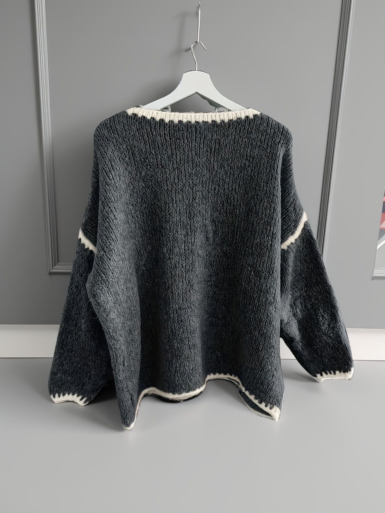 Suéter feminino de outono e inverno com blocos de cores, gola redonda, manga comprida, solto, estilo vintage casual, top de malha.