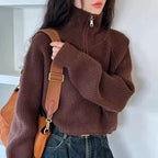 Meia gola zip camisola feminina pullovers de malha macia manga longa curto jumper outono inverno adolescente-menina roupa de moda coreana