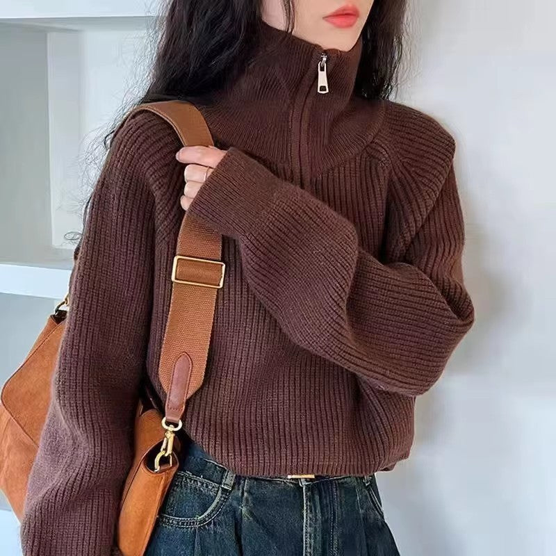Meia gola zip camisola feminina pullovers de malha macia manga longa curto jumper outono inverno adolescente-menina roupa de moda coreana