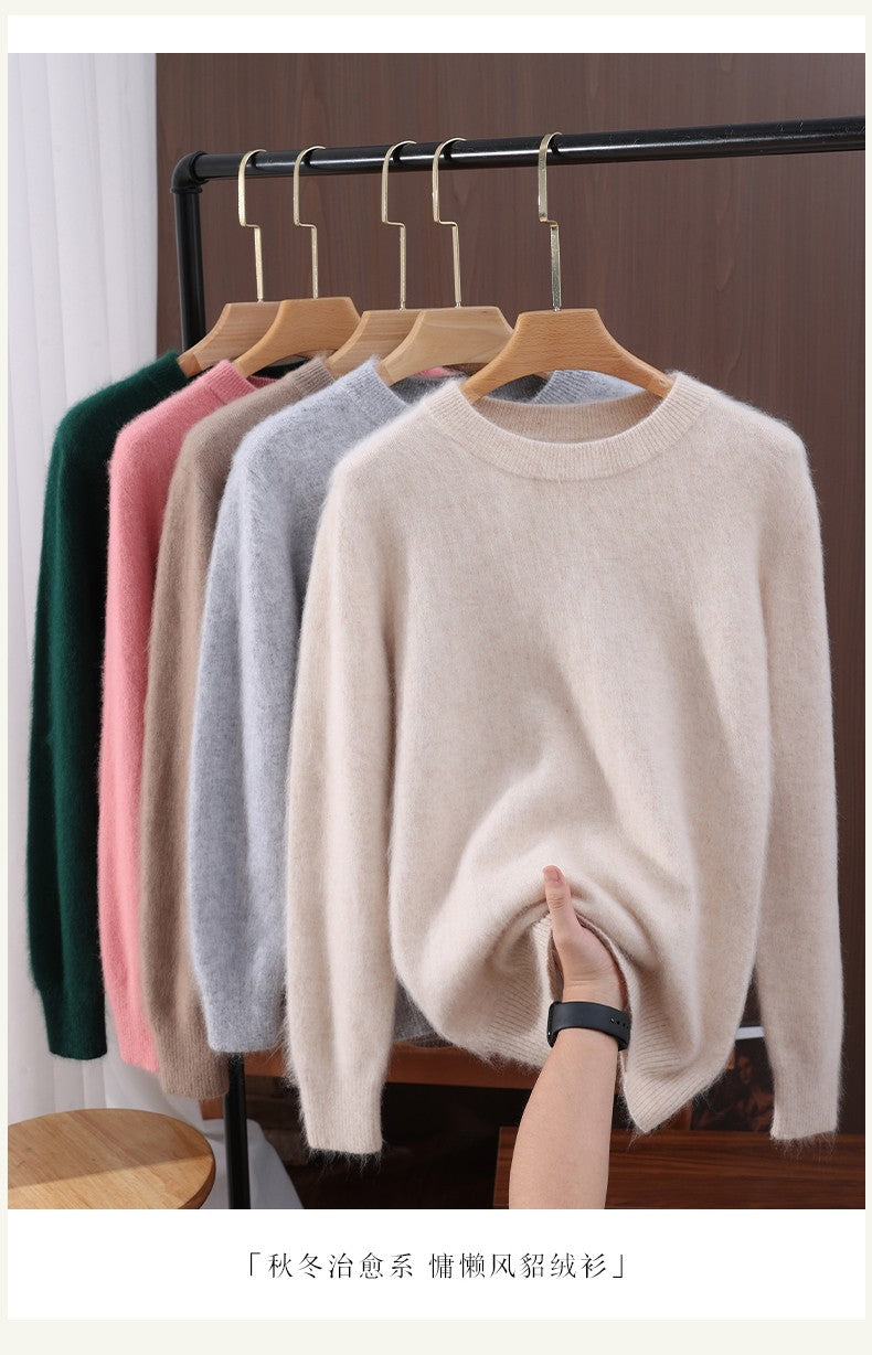 Outono e inverno novo suéter de caxemira de vison feminino curto grosso semi-gola alta camisa de fundo cor sólida simples topo