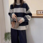 Simples listrado em torno do pescoço cashmere camisola de malha feminina solta manga comprida topo versátil outono e inverno lã base camisola