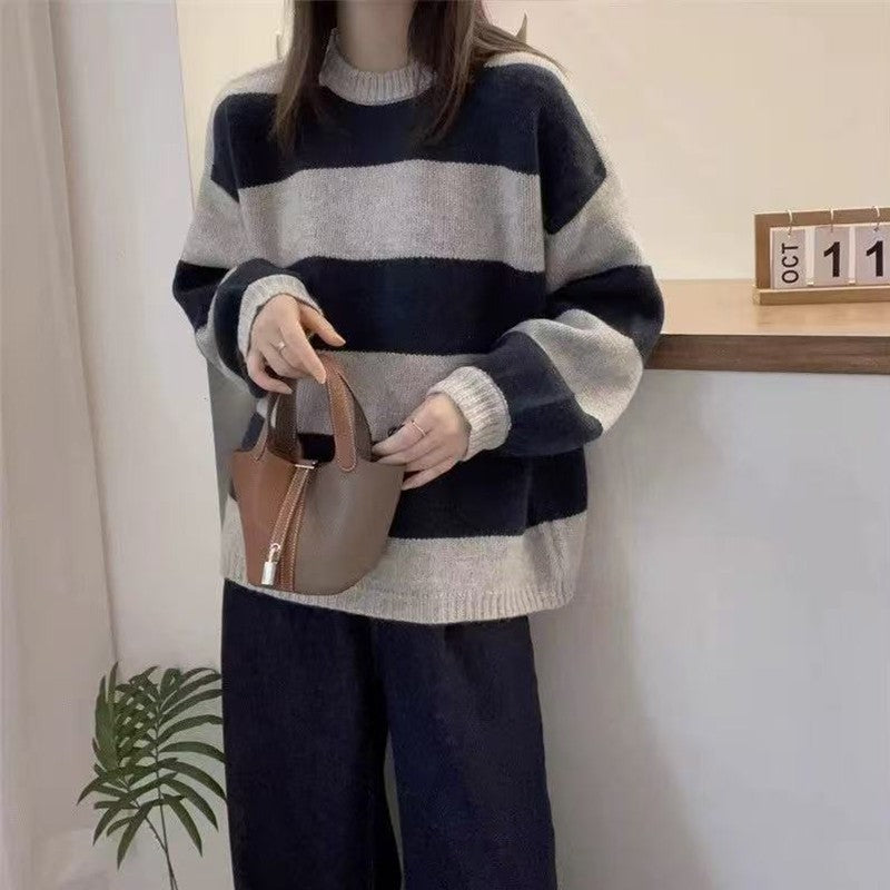 Simples listrado em torno do pescoço cashmere camisola de malha feminina solta manga comprida topo versátil outono e inverno lã base camisola